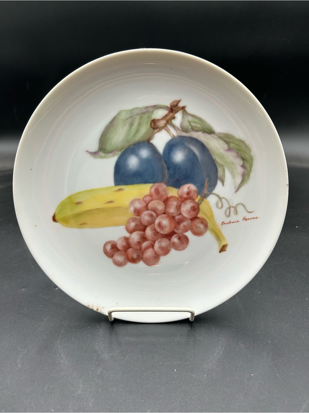 Hand-Painted Fruit Porcelain Plate with Plums, Banana & Grapes signed
